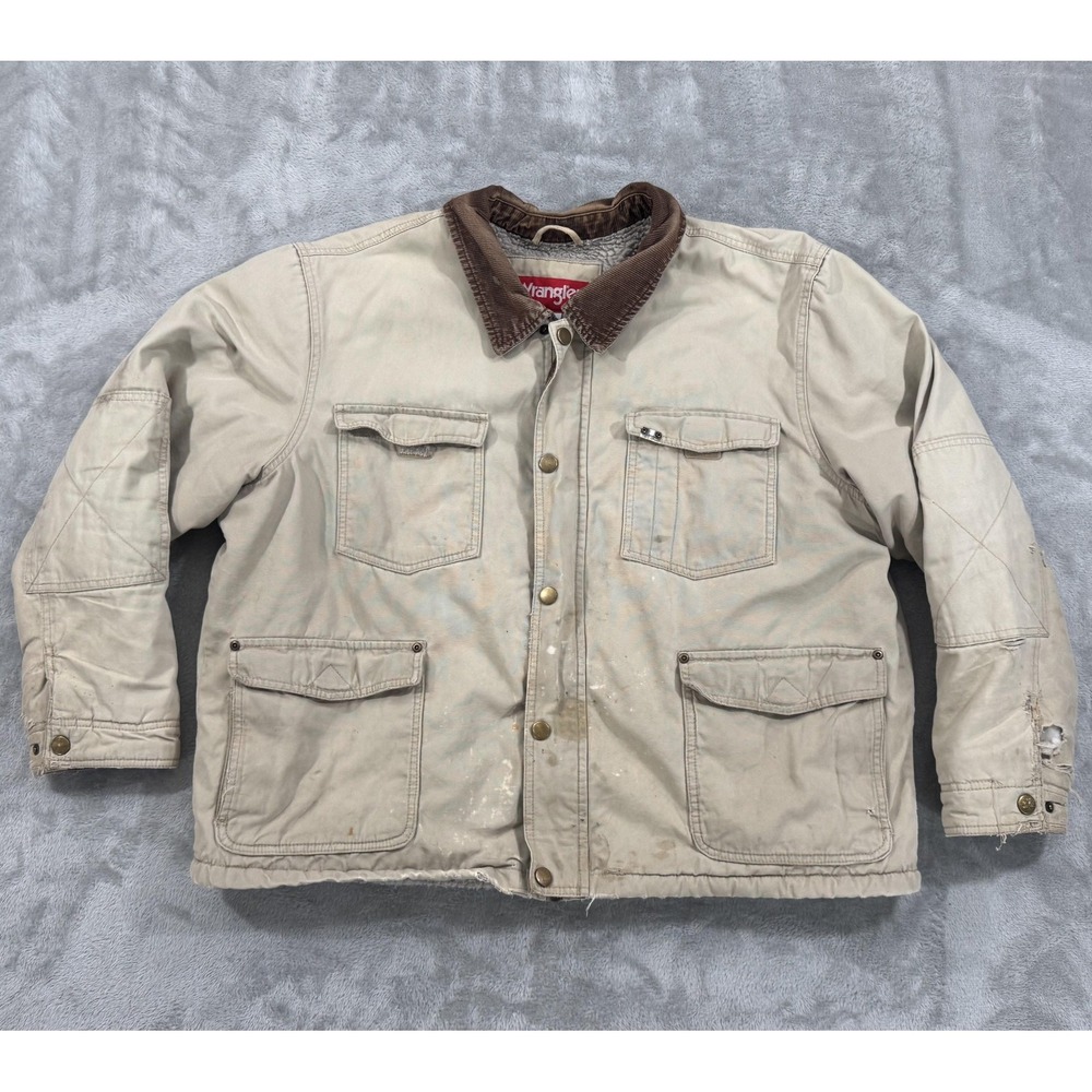 Wrangler Rugged Wear Jacket Mens 2XL Beige Canvas Sherpa‎ Lined Parka Workwear